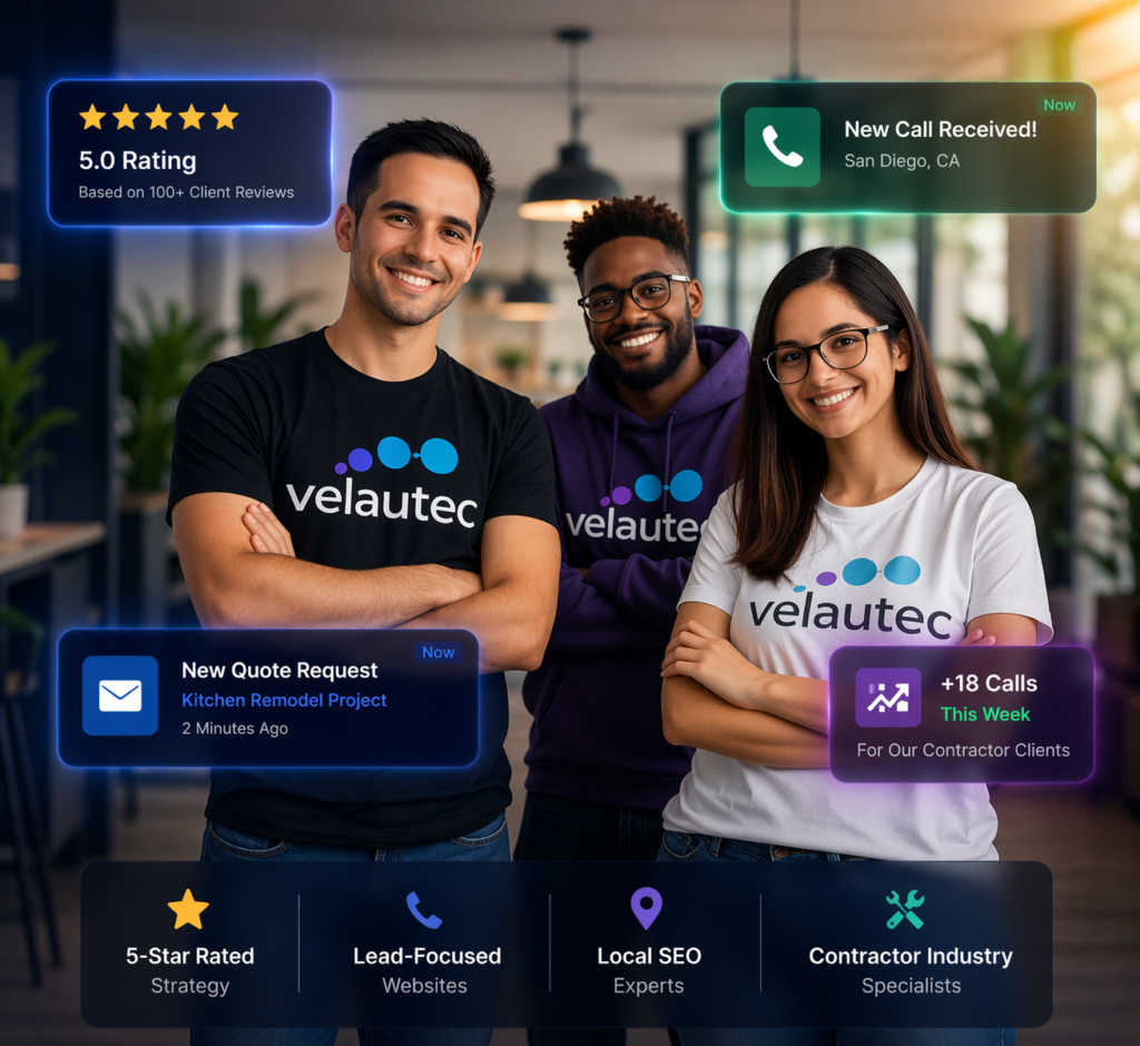 Digital marketing team for contractors with trust signals showing 5-star rating, new calls, and quote requests for lead generation