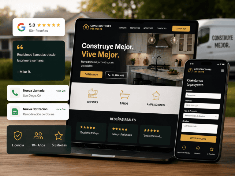 Diseño de sitio web para contratistas con vista móvil y de escritorio que muestra reseñas de clientes, insignias de confianza y formulario de solicitud de cotización para la generación de clientes potenciales
