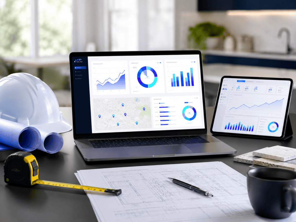 Contractor marketing analytics workspace with construction plans