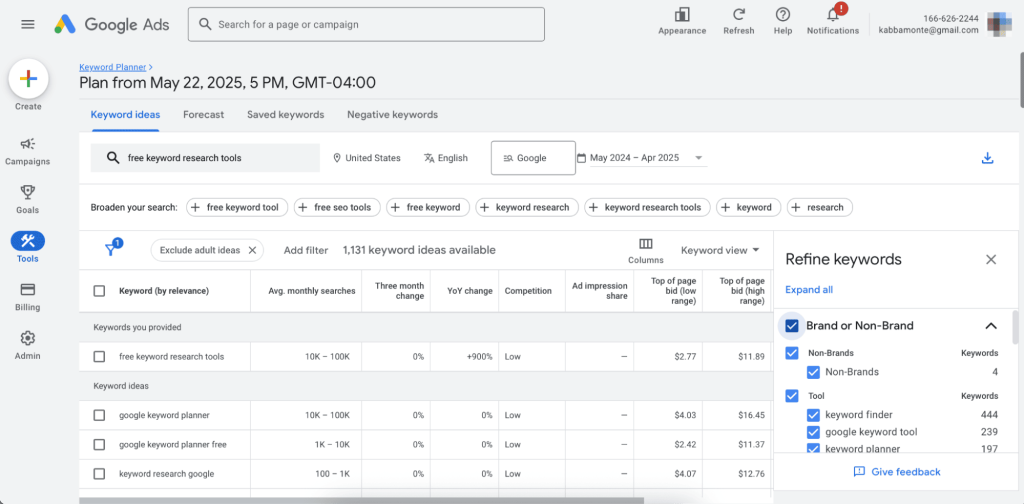 Google Keyword Planner research dashboard example.