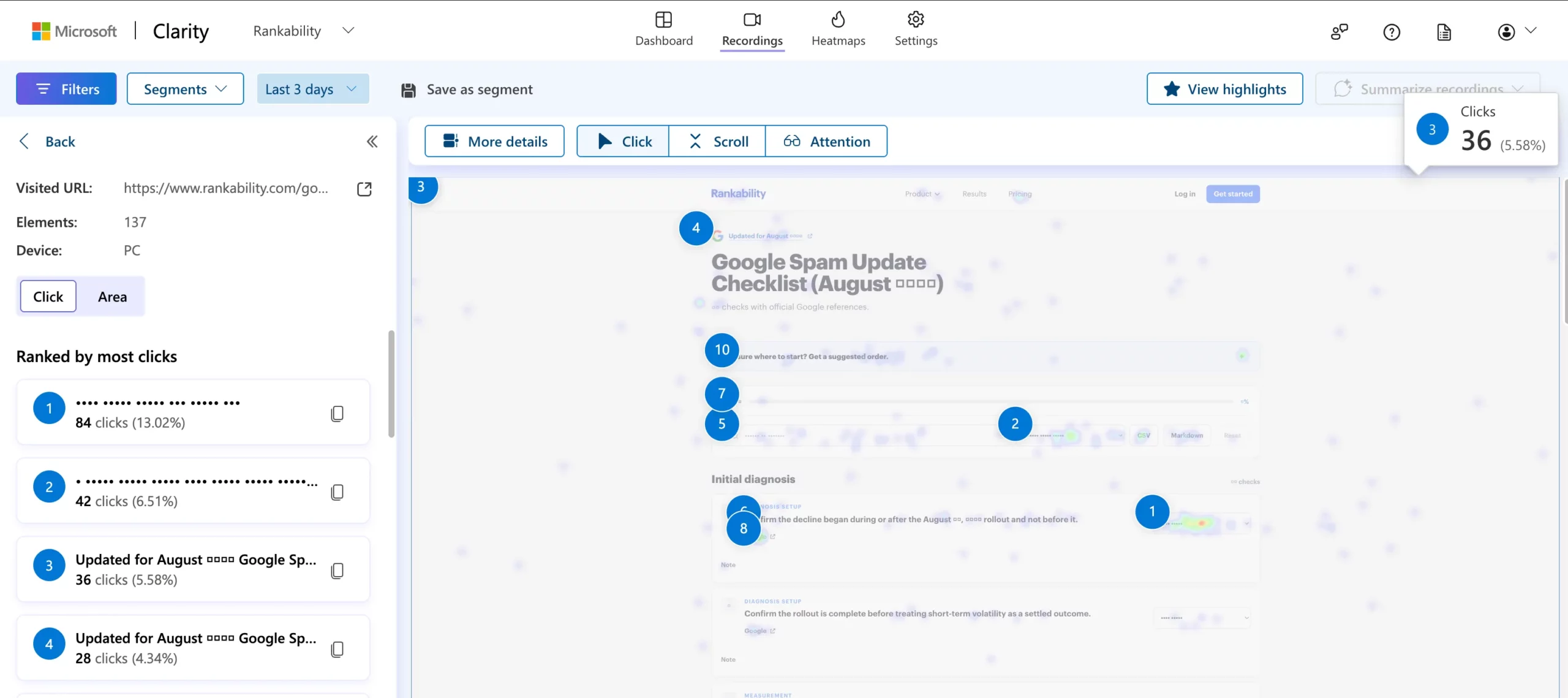 Microsoft Clarity session recording interface