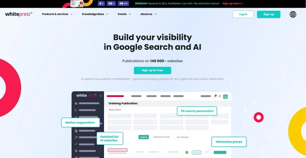 WhitePress platform interface screenshot for link-building research